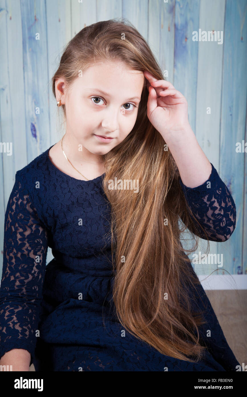Outdoor Fashion Portrait Of Cute Preteen 10 Year Old Kid Girl