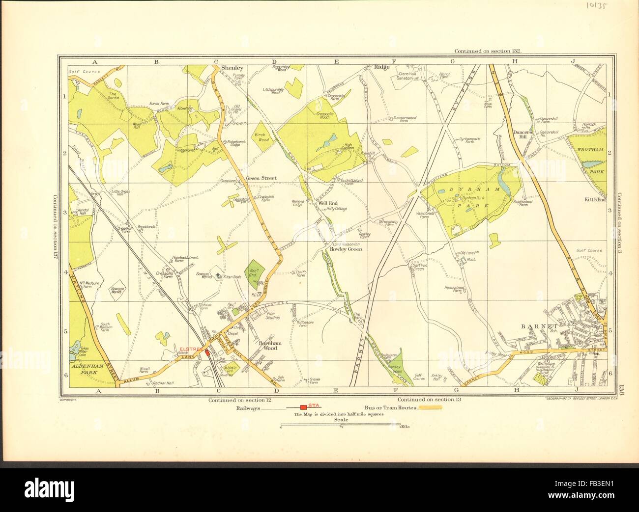 BOREHAMWOOD: Elstree, Barnet, Shenley, Ridge, Monken Hadley, 1937 vintage map Stock Photo