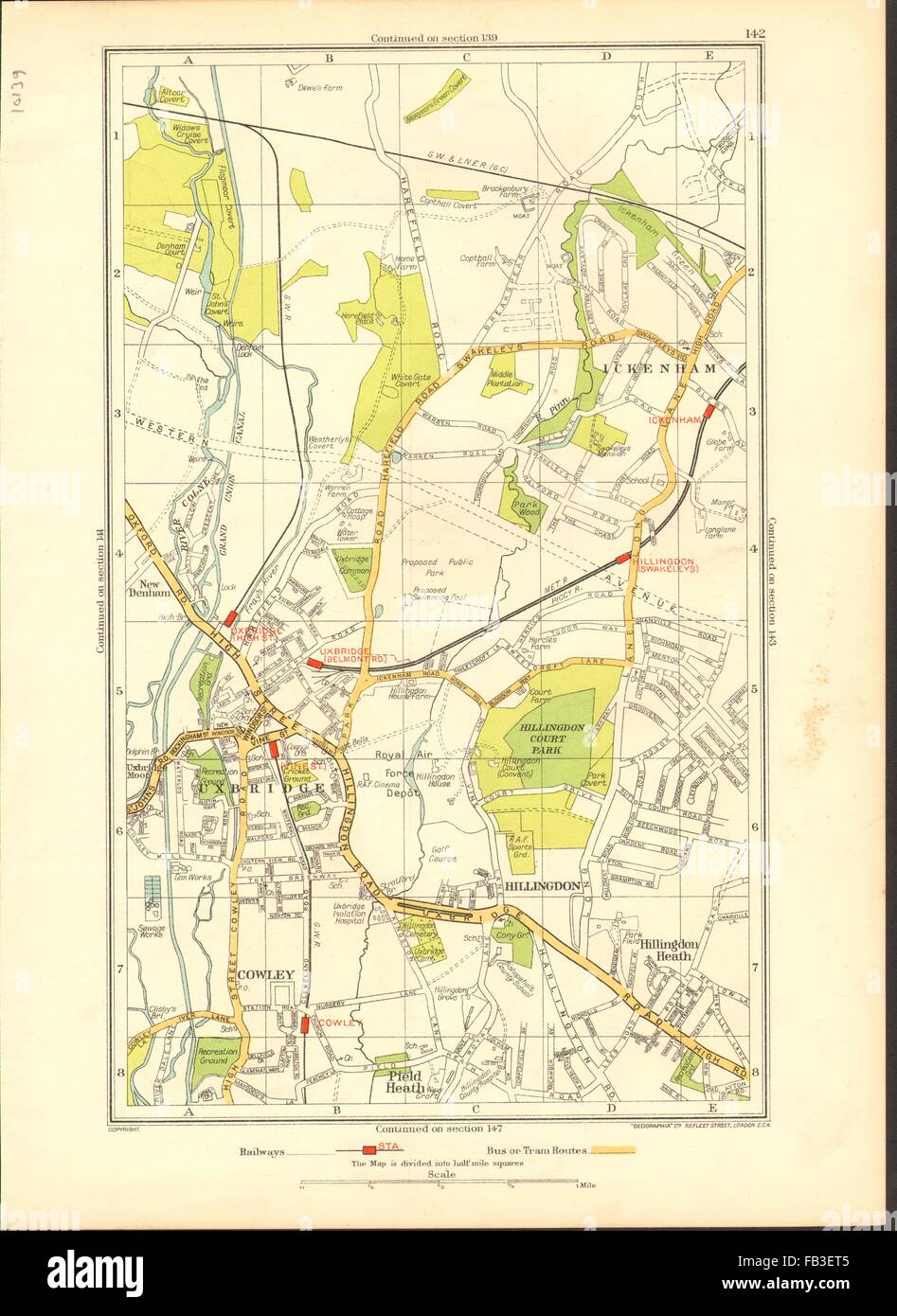 UXBRIDGE: Ickenham, Hillingdon, Ruislip, Cowley, New Denham, 1937 vintage map Stock Photo