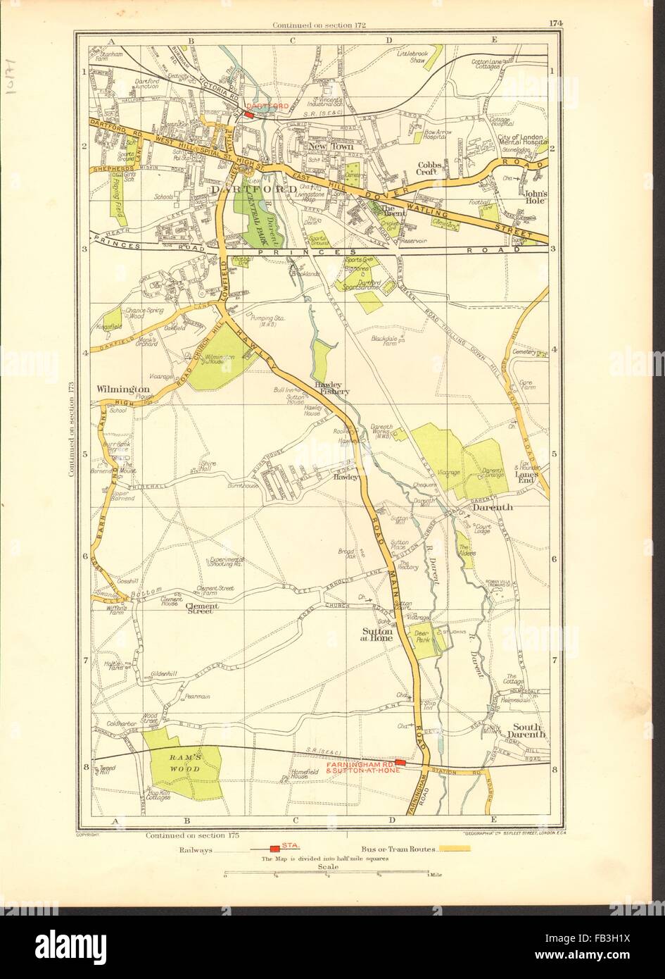 DARTFORD: South Darenth, Sutton at Hone, Hawley, Wilmington (Kent), 1937 map Stock Photo