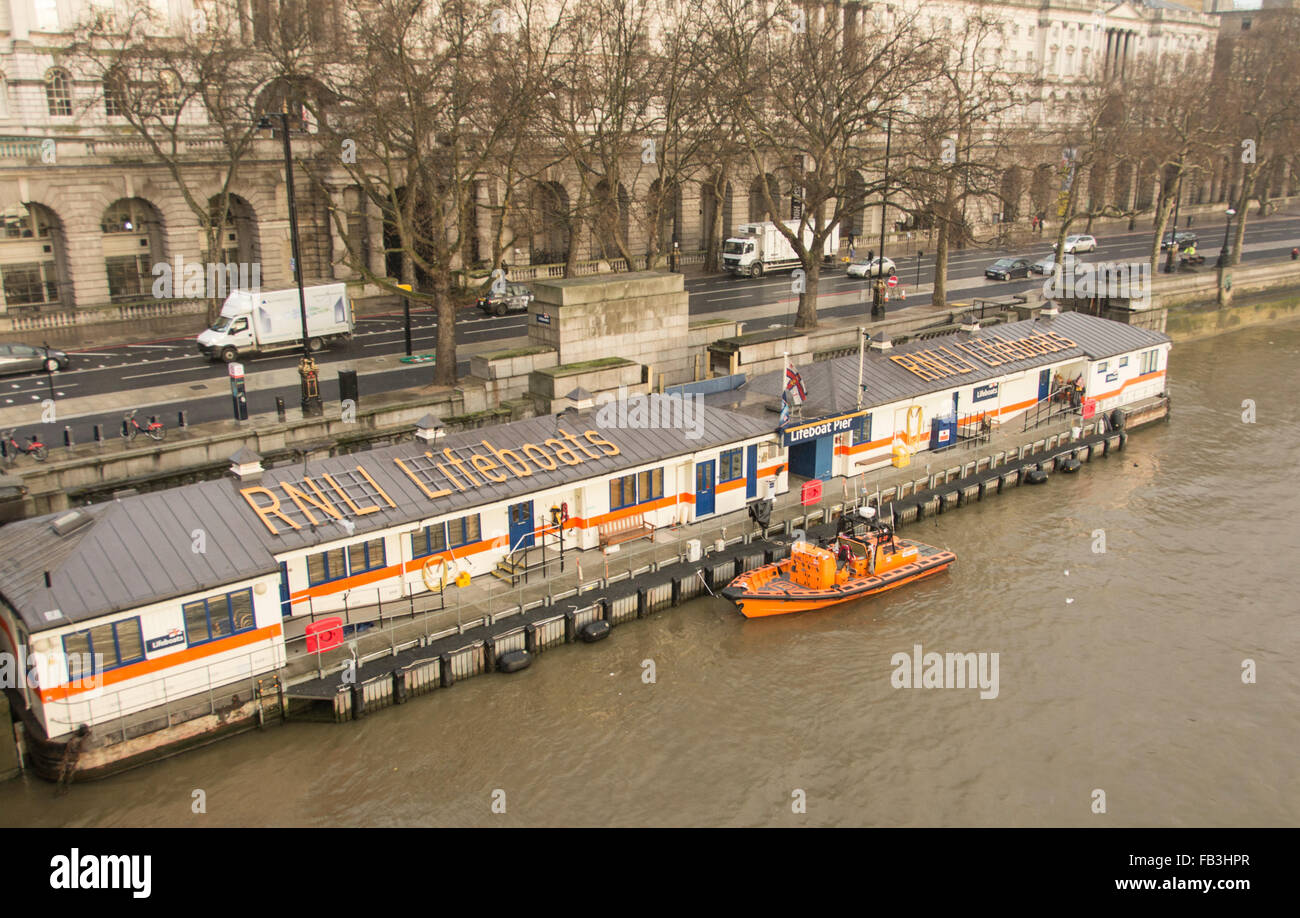 RNLI Tower Lifeboat Station, Lifeboat Pier, Victoria Embankment, London, WC2, England, UK Stock Photo