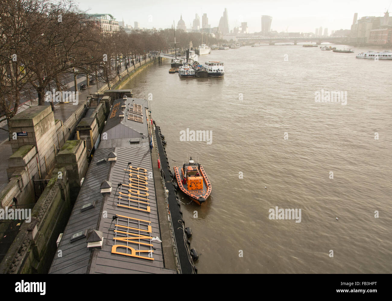 RNLI Tower Lifeboat Station, Lifeboat Pier, Victoria Embankment, London, WC2, England, UK Stock Photo