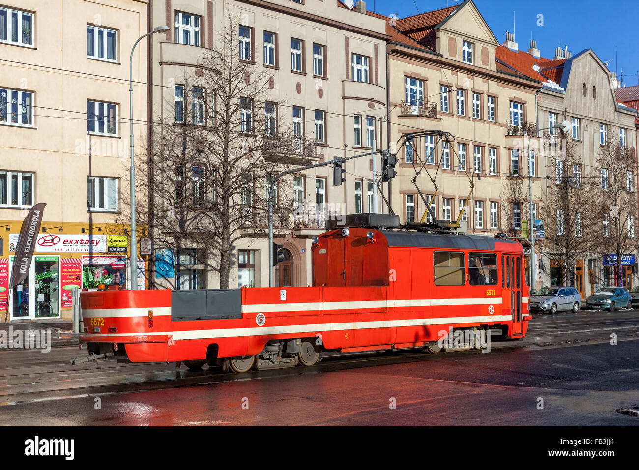 Moving Lubricating Tram, unique cabriolet streetcar. Dlabacov. Prague, tram Czech Republic Stock Photo