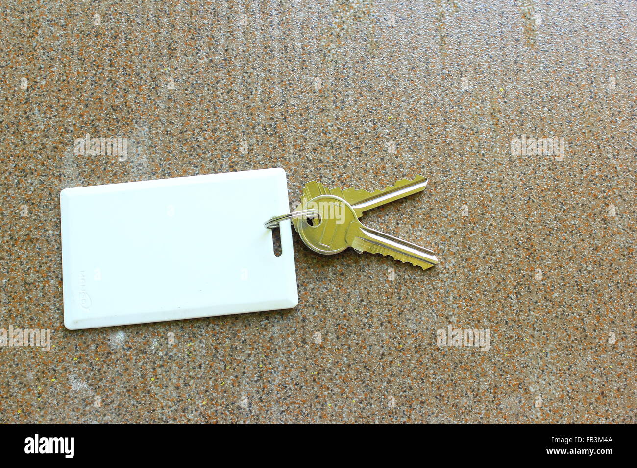 background of key card holder with two iron key on tile background 