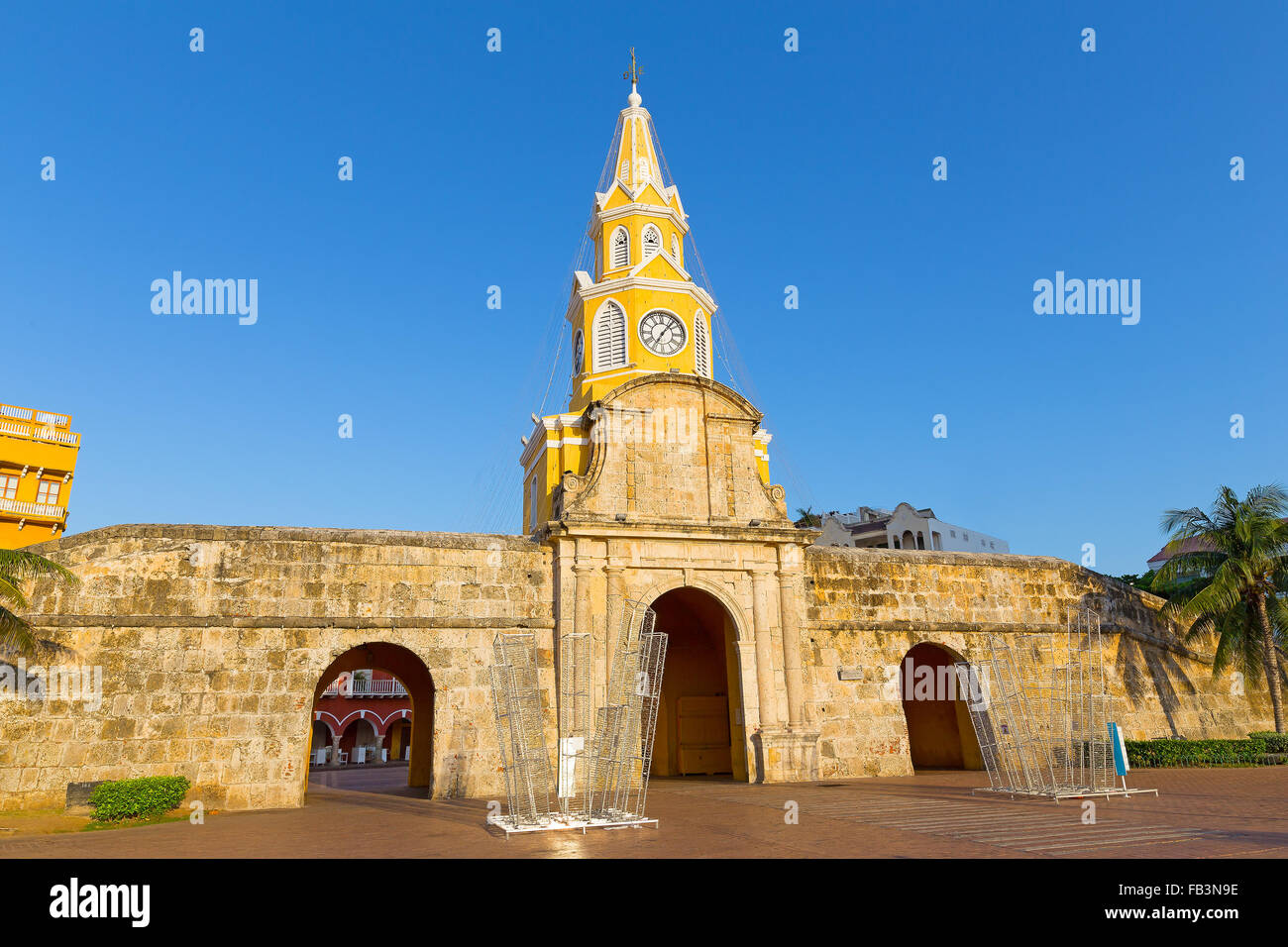 Beautiful clock tower and city gate in the morning in Cartagena