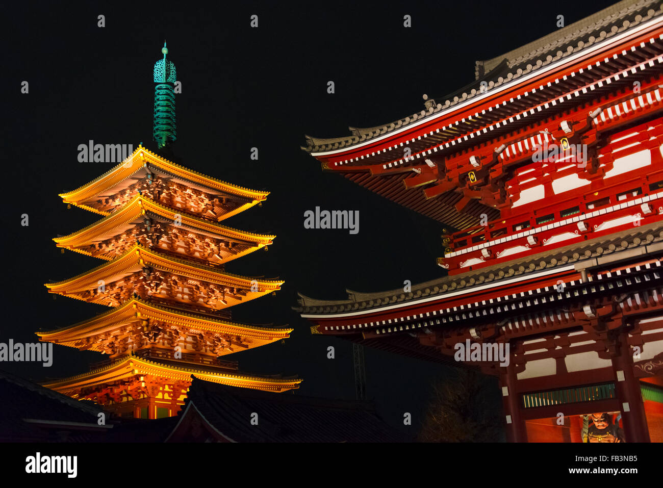 Night view of Sensoji Temple and Pagoda, Tokyo, Japan Stock Photo