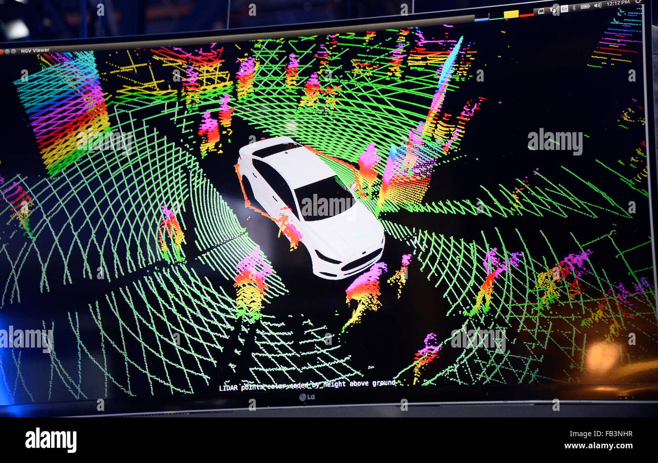 Las Vegas NV, USA. 8th Jan, 2016. Velodyne Lidar Puck image for self driving cars, on display during the 2016 CES show Friday.Photo by Gene Blevins/LA Daily News/ZumaPress Credit:  Gene Blevins/ZUMA Wire/Alamy Live News Stock Photo