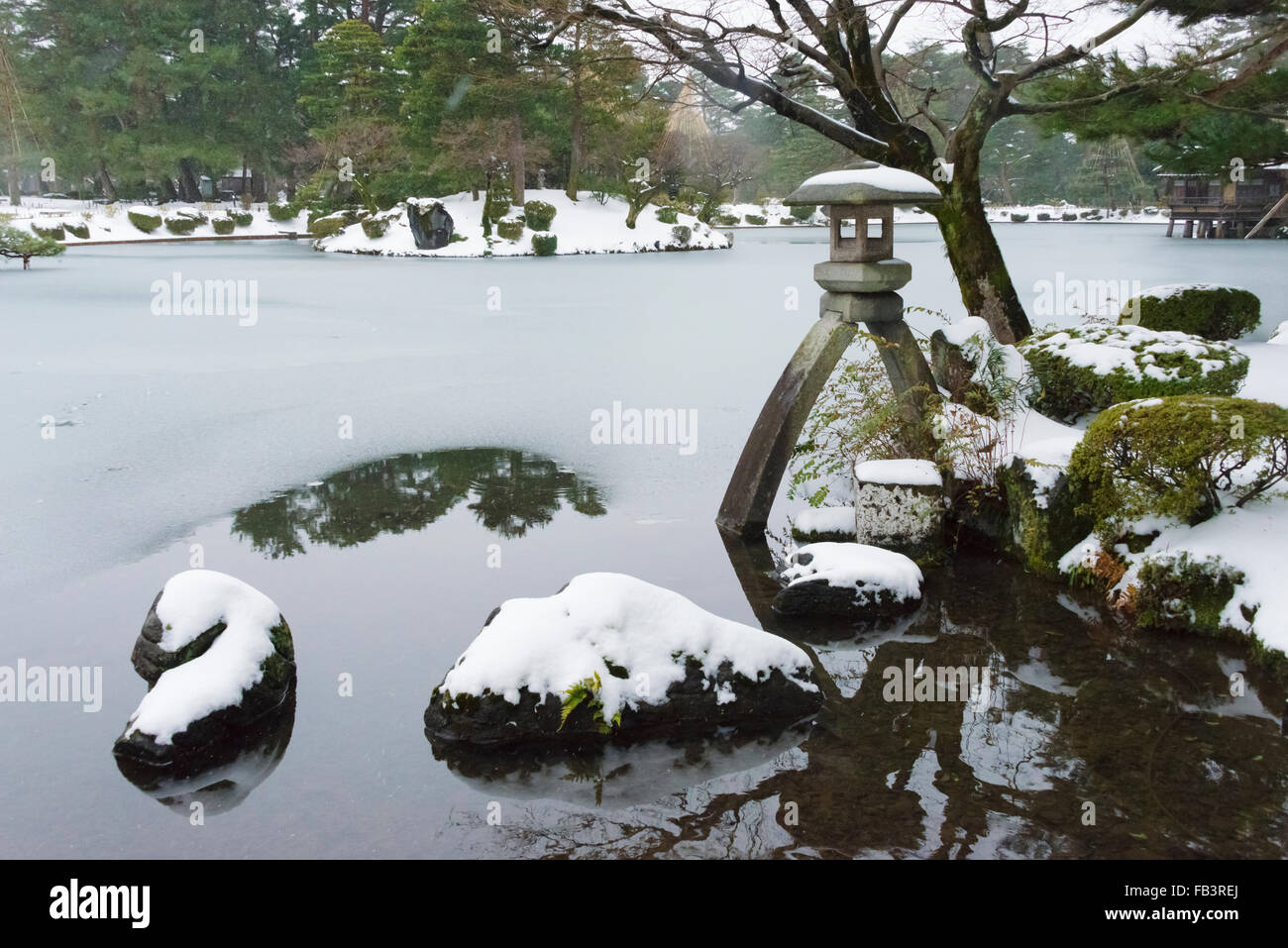 Kenrokuen Garden covered with snow, Kanazawa, Ishikawa Prefecture, Japan Stock Photo