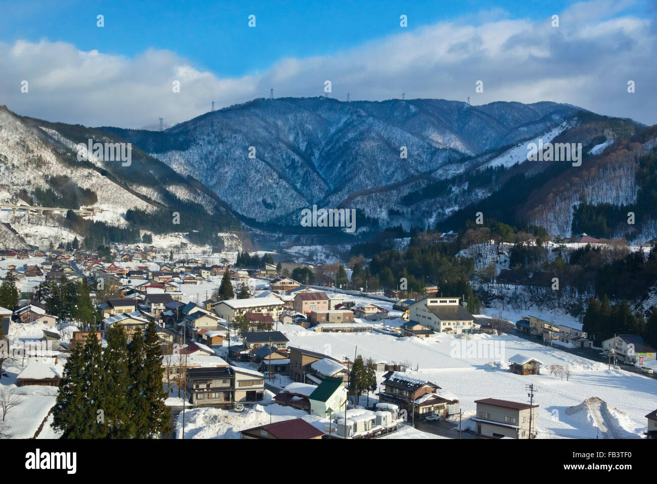 Village covered with snow in the mountain, Gifu Prefecture, Japan Stock Photo
