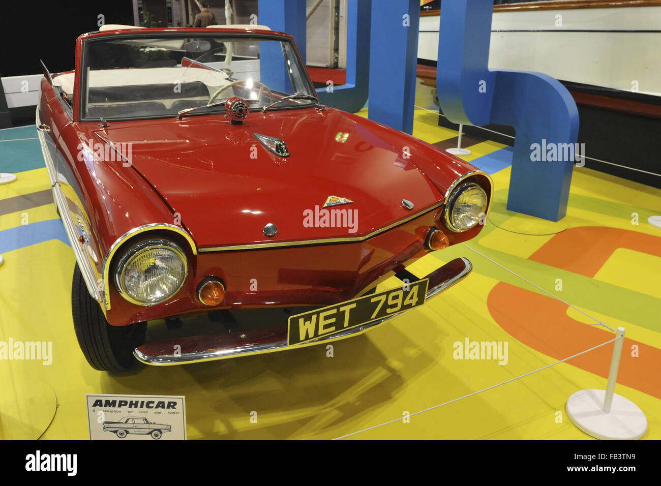 London, UK. 8th January, 2016. An Amphicar Model 770 on display at the London Boat Show at the ExCeL Exhibition Centre. The Amphicar was a German, amphibious automobile produced between 1959-1968. Credit:  Michael Preston/Alamy Live News Stock Photo