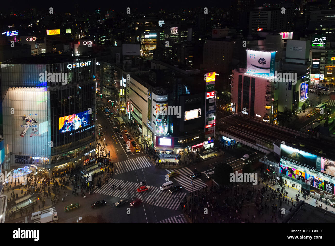 Night view of high rises and Shibuya Crossing, Tokyo, Japan Stock Photo
