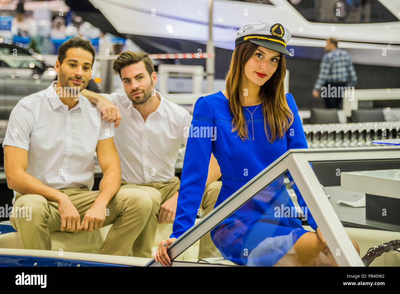 London, UK. 8th January, 2016. Lucy Watson, Star of Made in Chelsea, opens the show and poses on a small luxury power boat. London Boat Show opens at the Ecel Centre in London. Credit:  Guy Bell/Alamy Live News Stock Photo