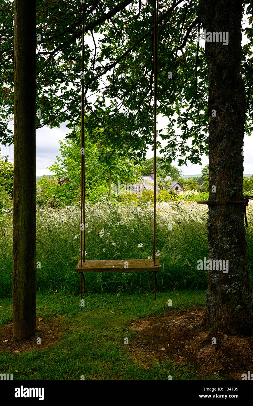empty swing seat hang hanging tree garden park parkland flower flowers flowering summer Stock
