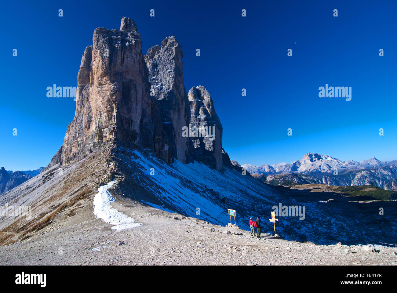 Tre Cime di Lavaredo, Drei Zinnen with Paternsattel or Forcella Lavaredo. Sexten Dolomites, Veneto, Italy Stock Photo