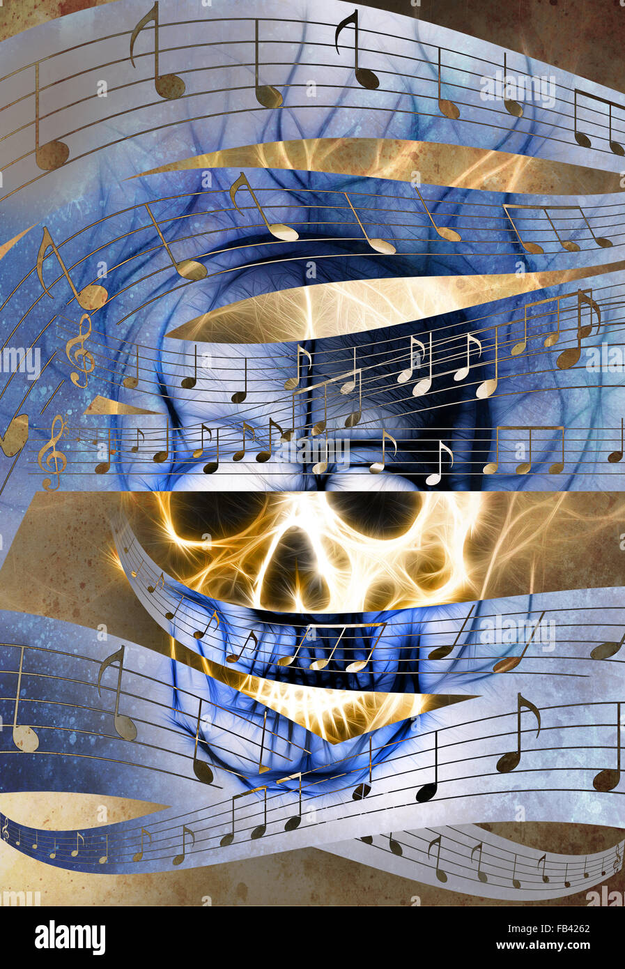 Skull and music note. Skull in fire flames. Color abstract background,  computer collage Stock Photo - Alamy, image size:897x1390
