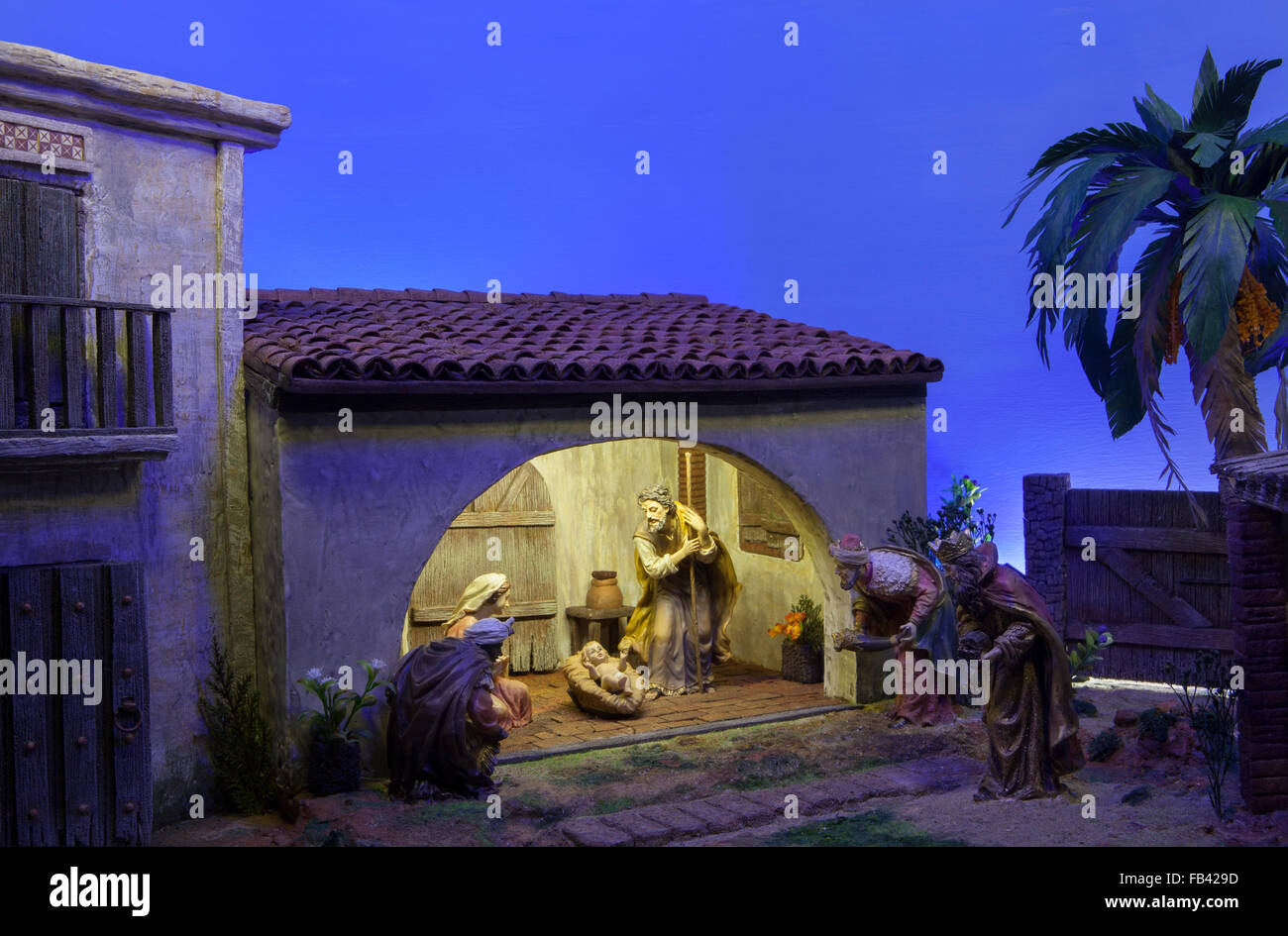 Badajoz, Spain January 2016 Christmas Nativity scene. Diorama built
