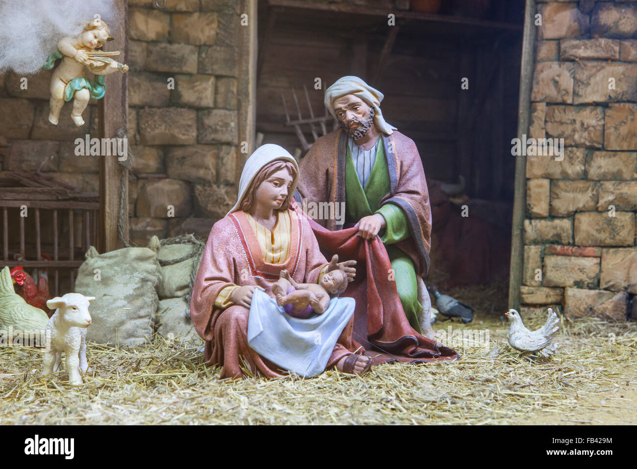 Badajoz, Spain January 2016 Christmas Nativity scene. Diorama built