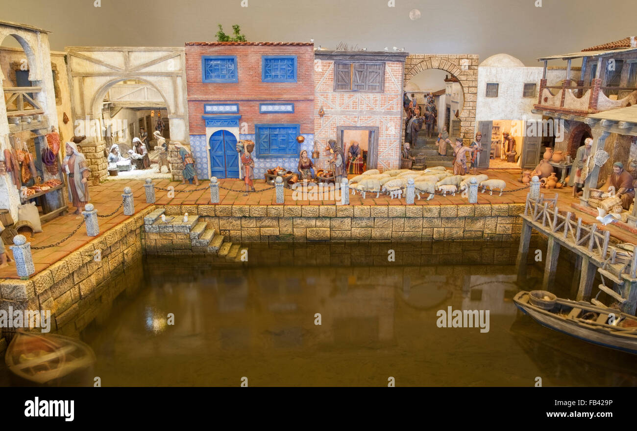 Badajoz, Spain January 2016 Christmas Nativity scene. Diorama built