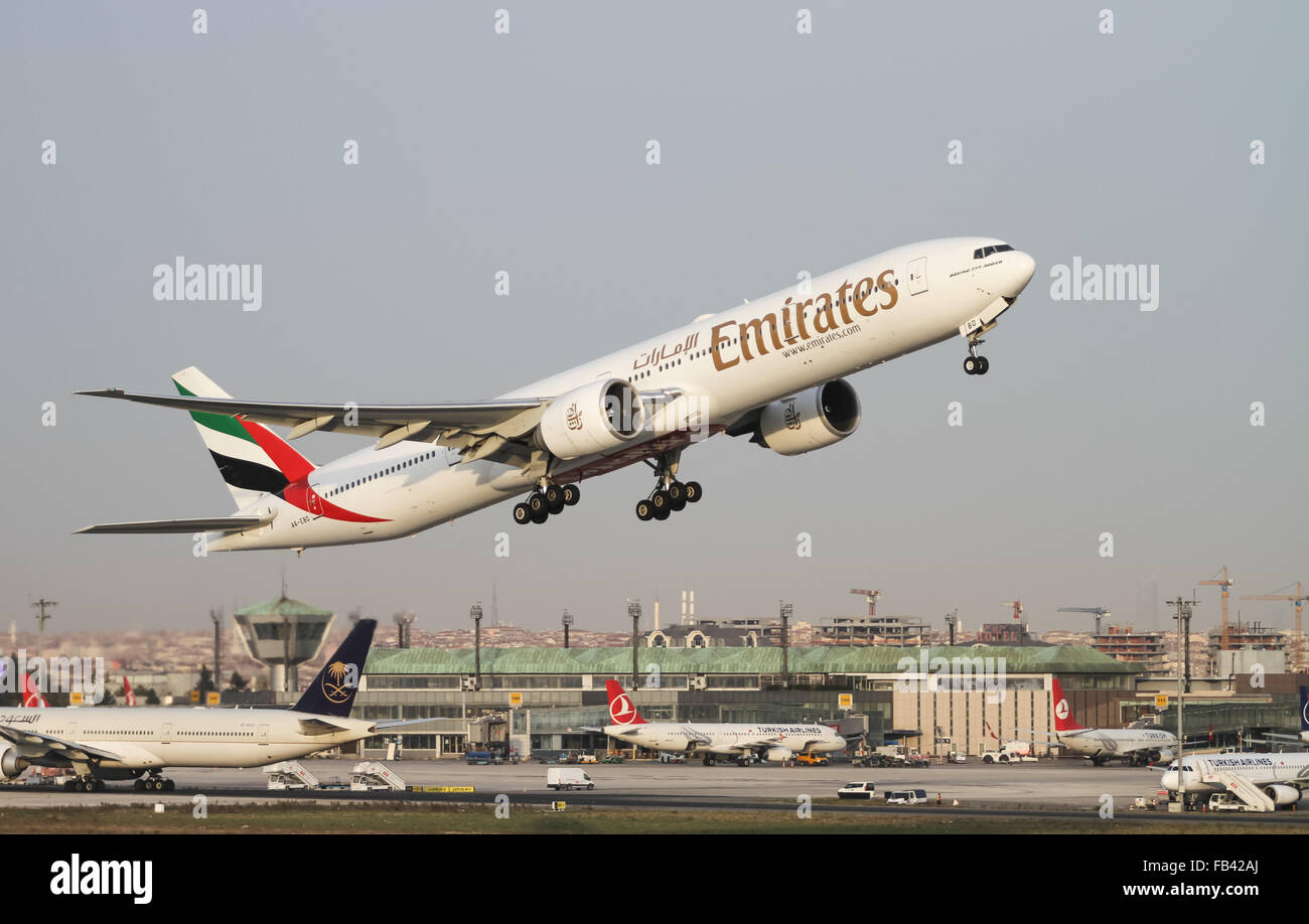 Emirates Airlines Boeing 777-31H/ER (CN 33501/516) takes off from Istanbul Ataturk Airport Stock Photo