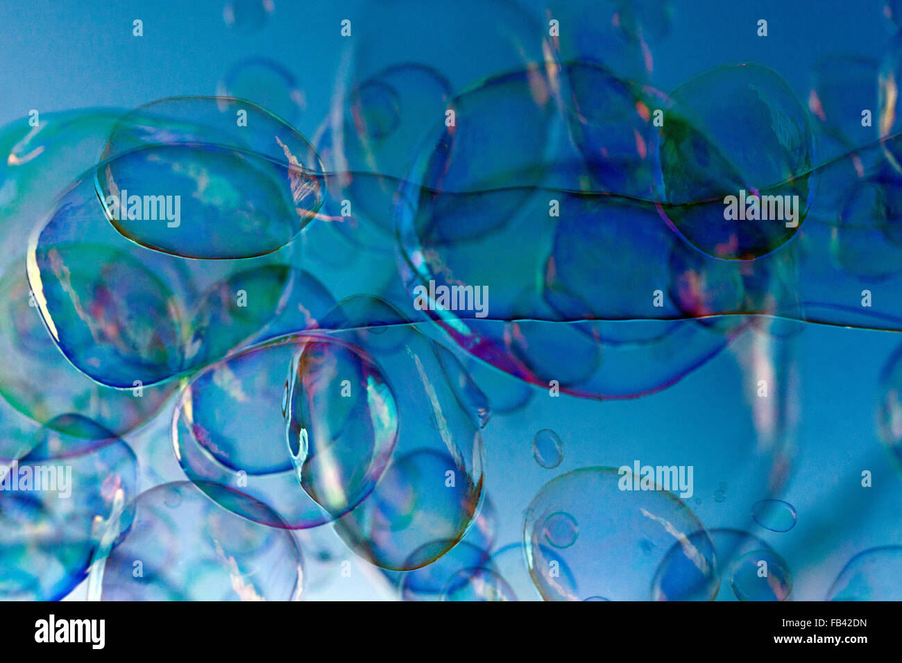 Soap bubbles on a blue abstract background Stock Photo
