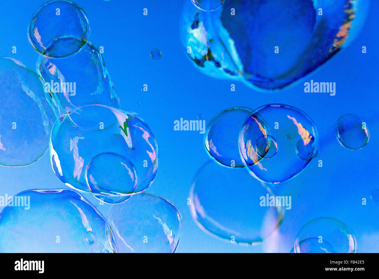 Soap bubbles on a blue background, abstract Stock Photo