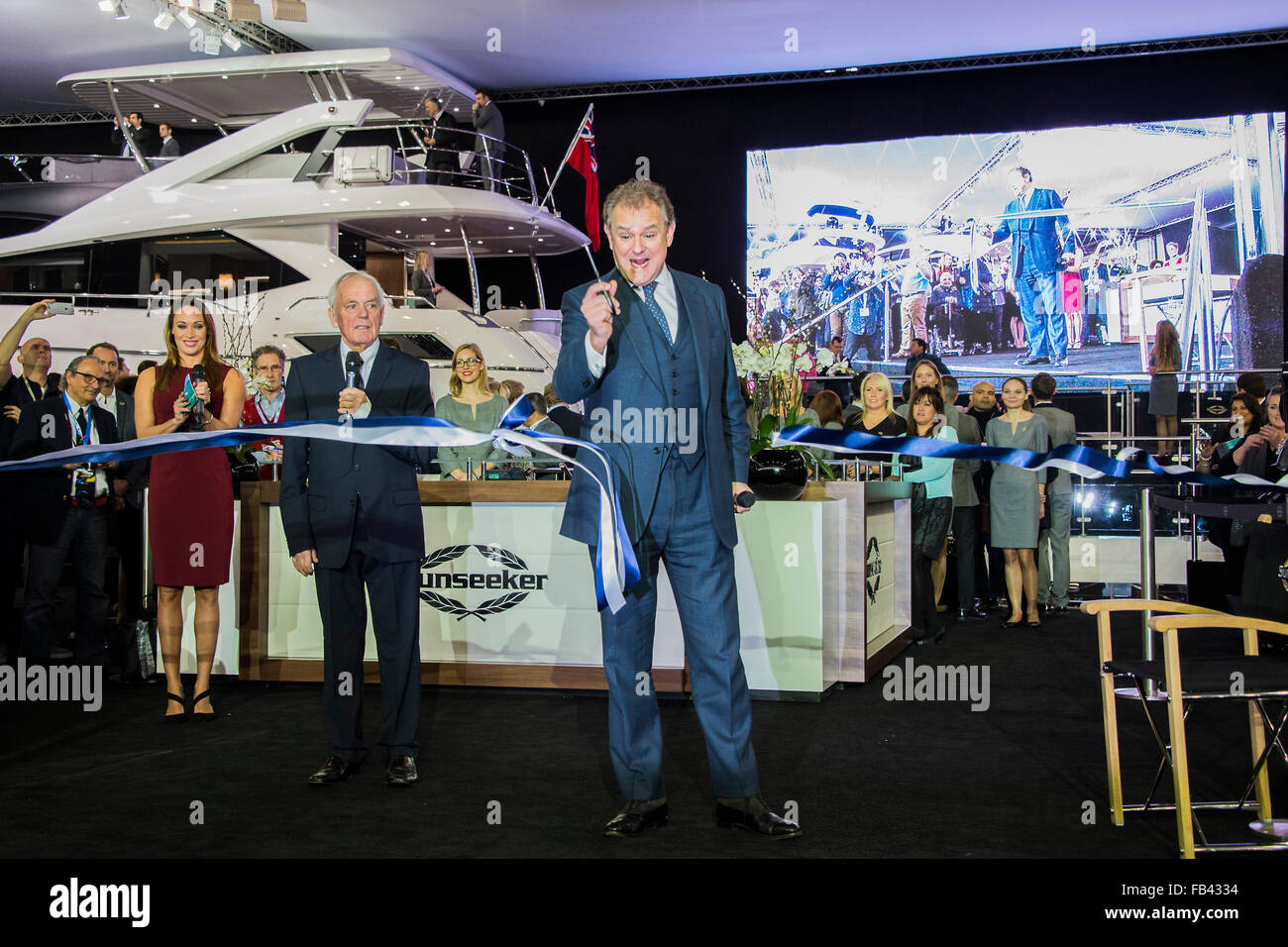 London, UK. 8th January, 2016. Hugh Bonneville opens the Sunseeker Stand and launches the giant 131 for its new owner. London Boat Show opens at the Ecel Centre in London. Credit:  Guy Bell/Alamy Live News Stock Photo