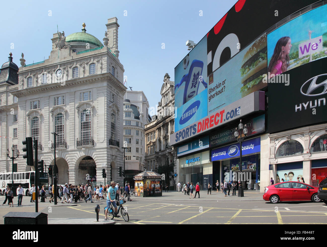 Daytime picture of Piccadilly Circus in London showing pedestrianised entrance to Glasshouse Street, shows famous signs before removal in summer 2017 Stock Photo