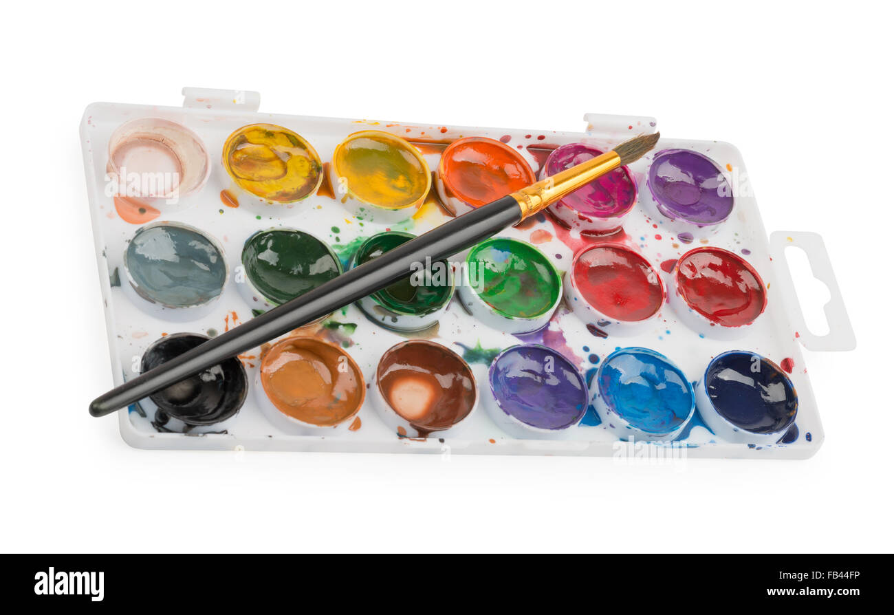 Watercolor paints in palette with the brush for drawing Stock Photo