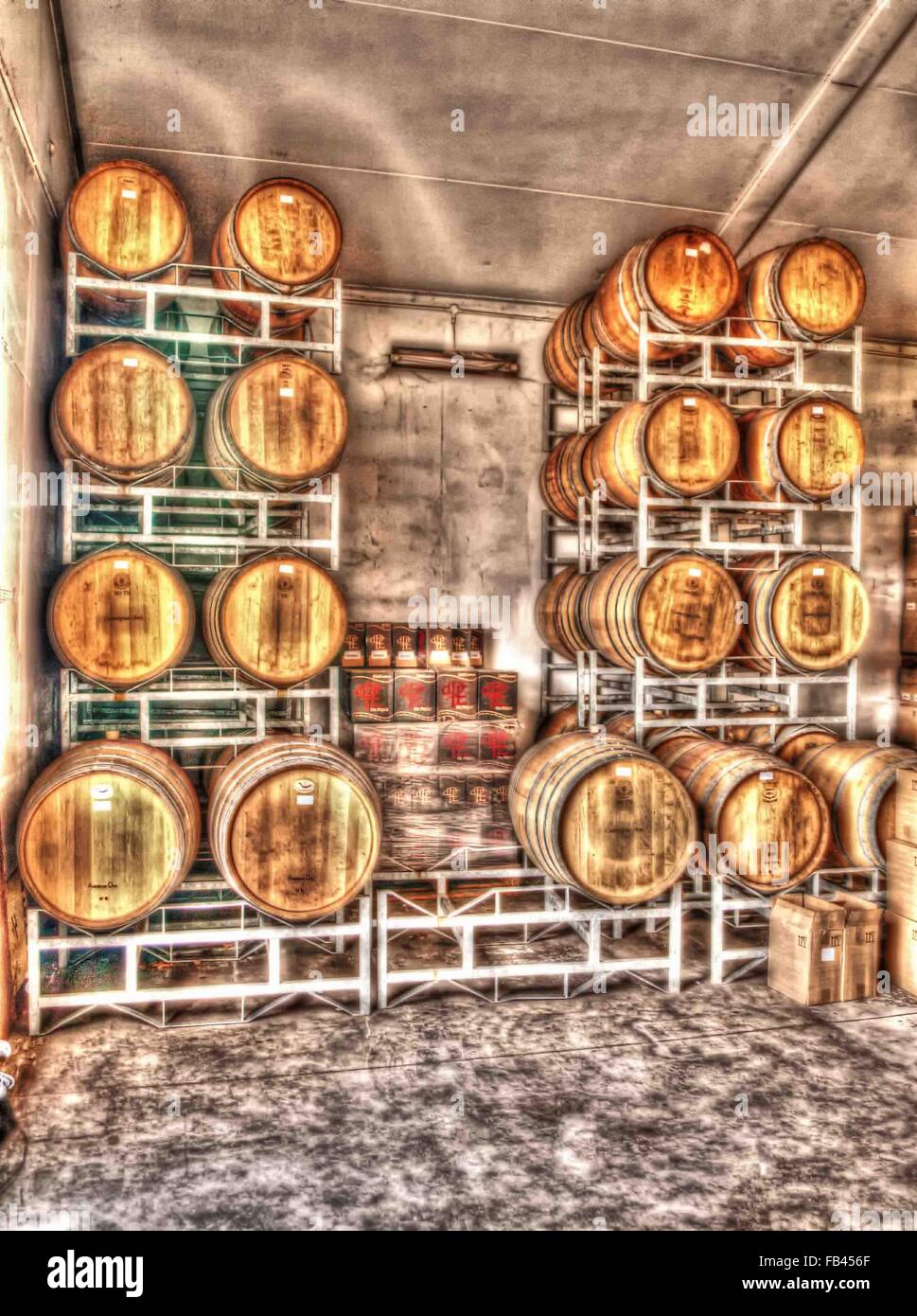 Barrels of wine on a wine farm in South Africa Stock Photo