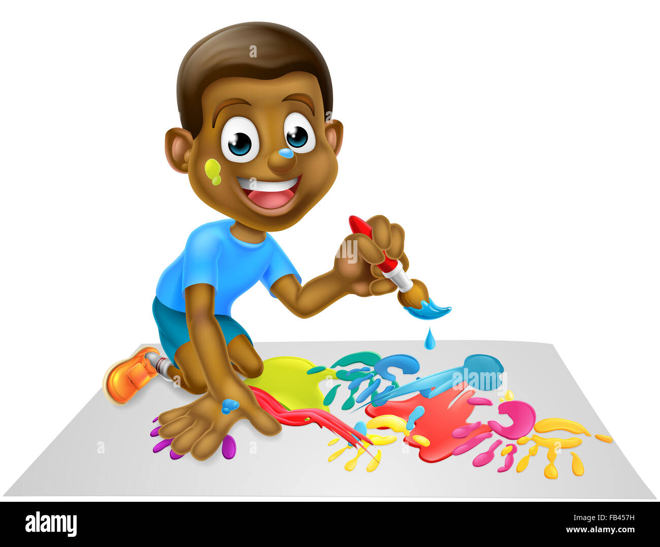 Cartoon boy child messy playing with paint painting with his paintbrush Stock Photo