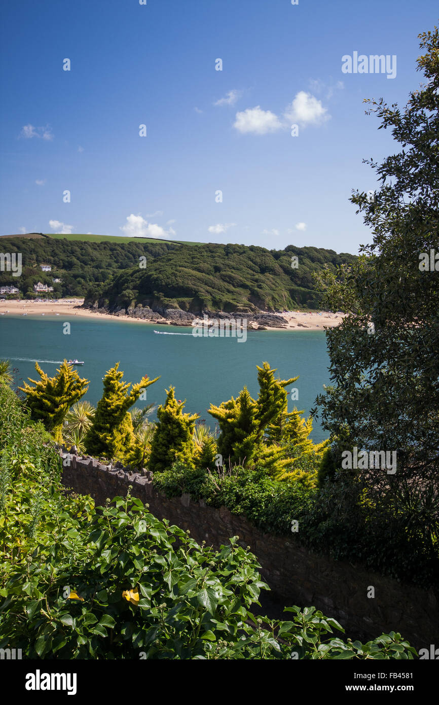 Stunning view from Salcombe across the Salcombe Estuary towards Mill Bay and Sunny Cove Beaches on a beautiful summers day Stock Photo
