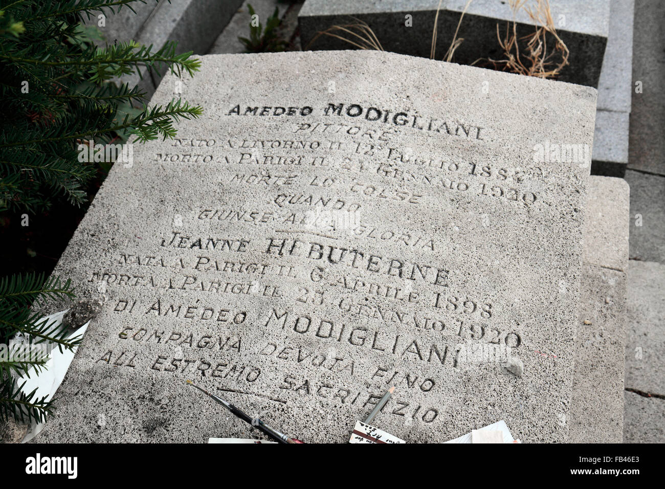 The grave of Amedeo Modigliani and Jeanne Hébuterne in the Père Lachaise Cemetery, Paris, France. Stock Photo