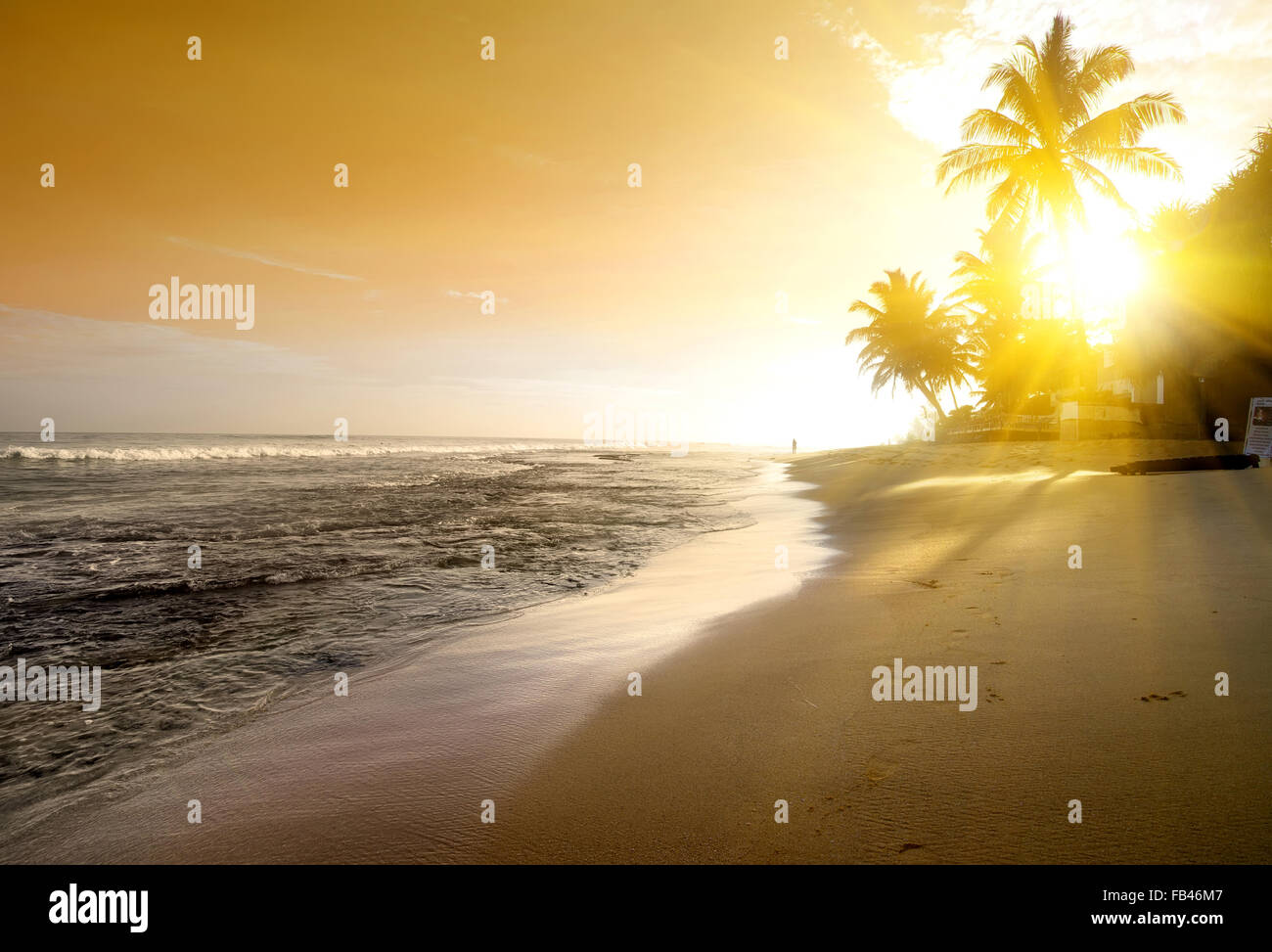Orange sky over ocean and sandy beach Stock Photo