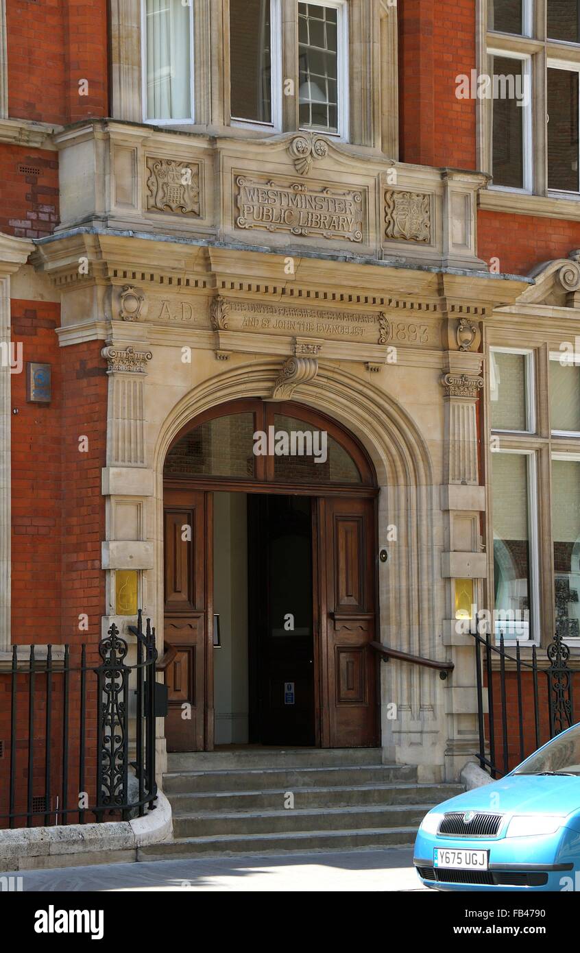 Old Westminster Public Library which is now The Cinnamon Club Indian restaurant on Great Smith Street SW1 in the City of London England GB UK 2015 Stock Photo