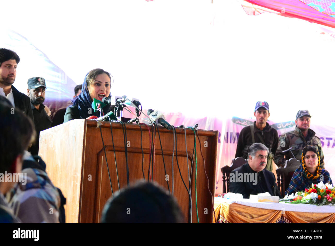 Quetta, Pakistan. 9th January, 2016. State Minister for BISP addressing to the launch ceremony of Benazir income support program 'BISP' beneficiaries outreach and Community strategy in Quetta Pakistan Credit:  Din Muhammad Watanpaal/Alamy Live News Stock Photo