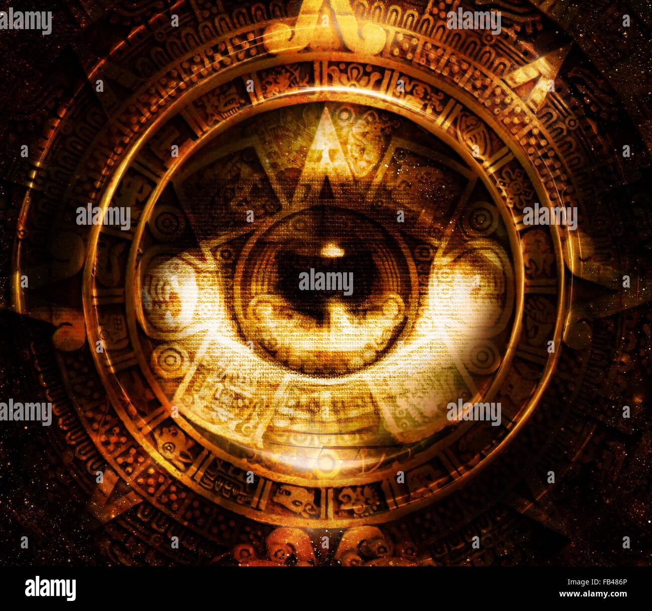 Ancient Mayan Calendar and woman eye, abstract color Background ...