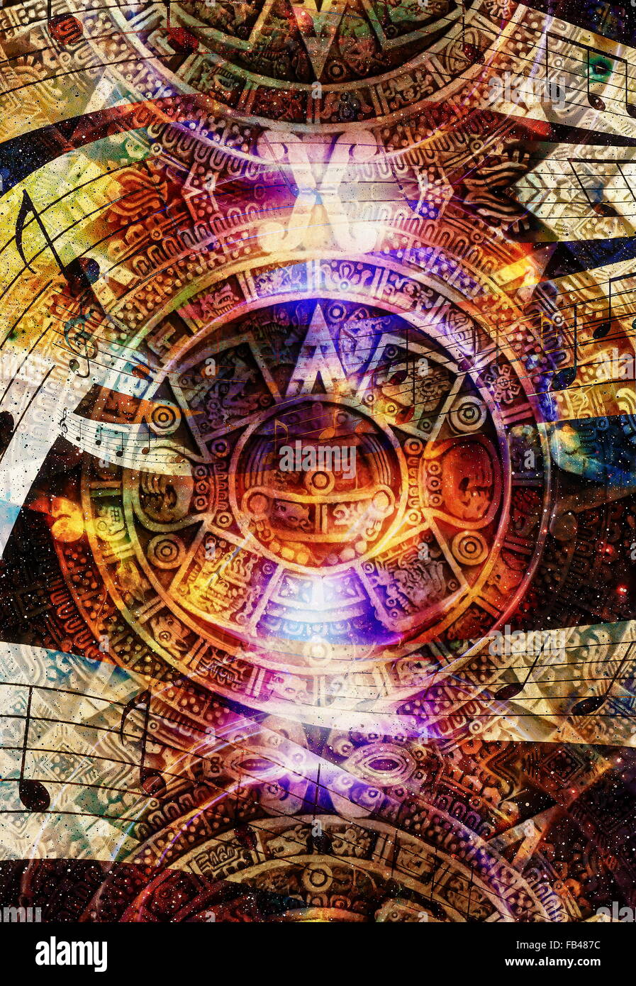 Ancient Mayan Calendar and Music note, Cosmic space with stars ...