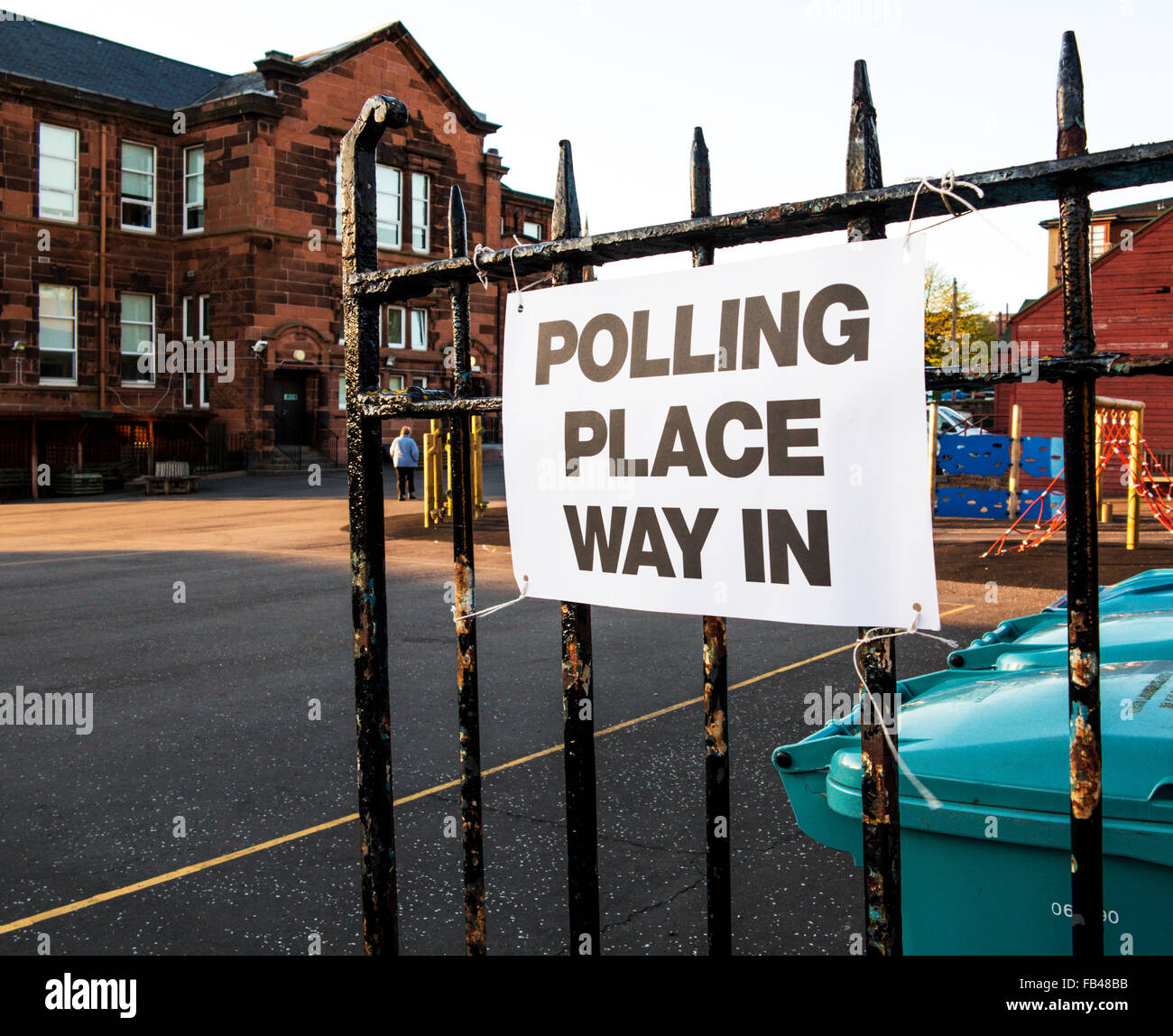 Notice on a school gate in Scotland indicating the school is a polling place (in England it would be 'polling station') Stock Photo