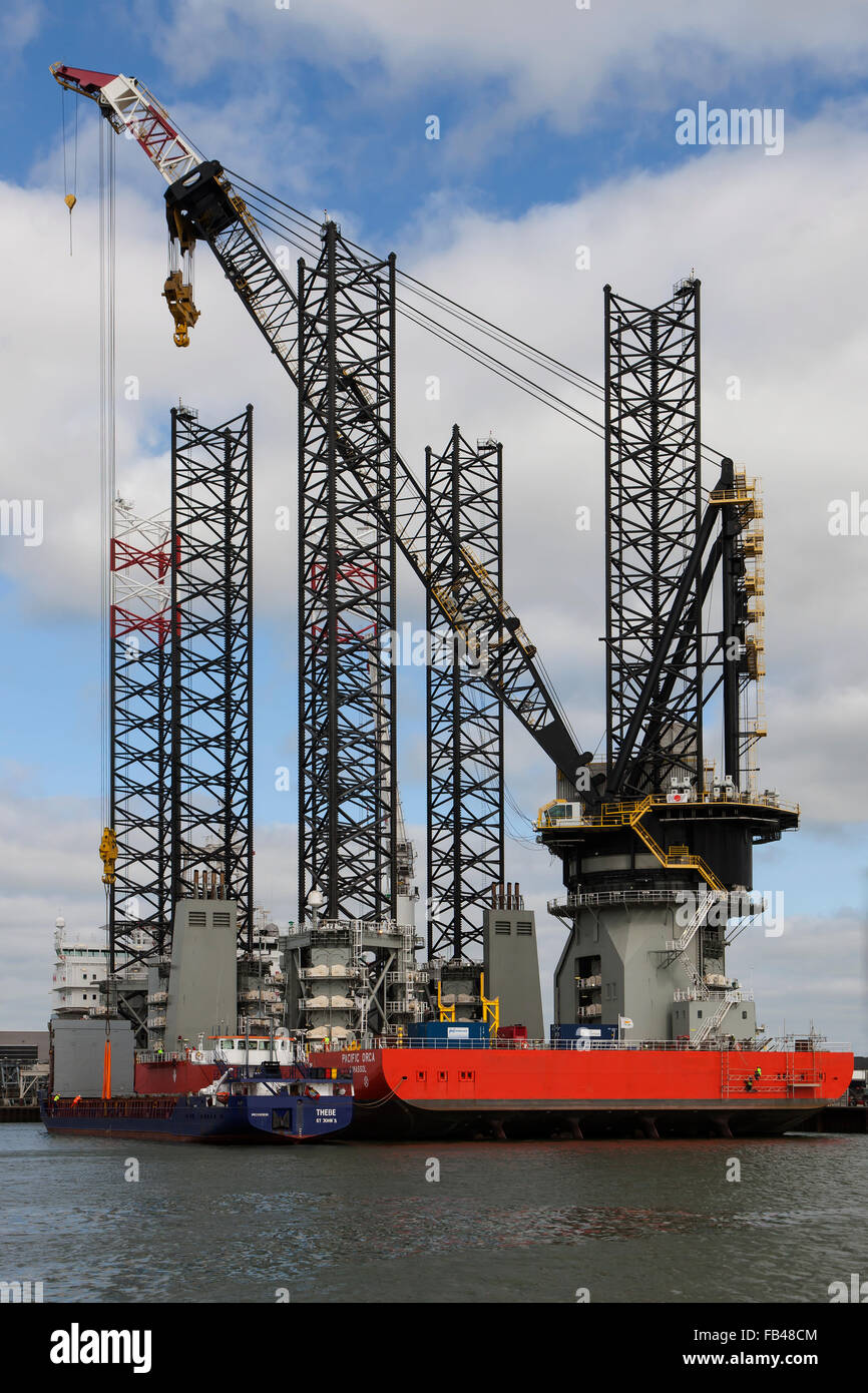 Offshore drilling rig in the harbor in Esbjerg, Denmark Stock Photo