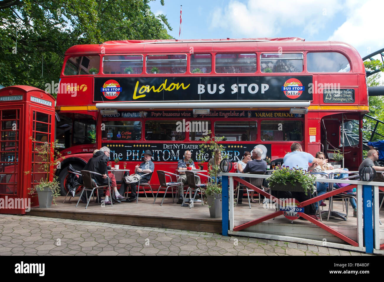 Café in an english double decker bus at Bakken, Klampenborg, Copenhagen, Denmark Stock Photo
