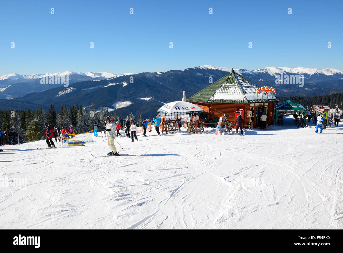 The skiers and restaurant in Bukovel. It is the largest ski resort in Ukraine Stock Photo