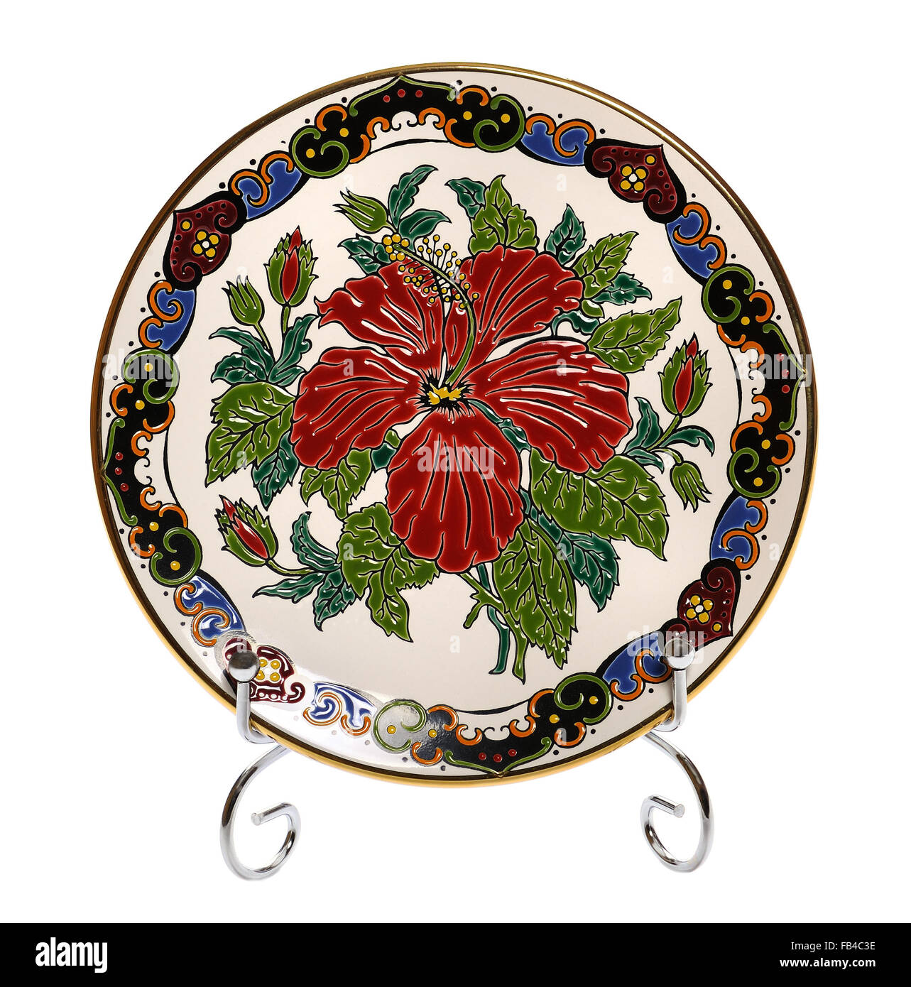 Decorative ceramic plate of hand made trademark 'Faros Keramik' with Floral Design Stock Photo