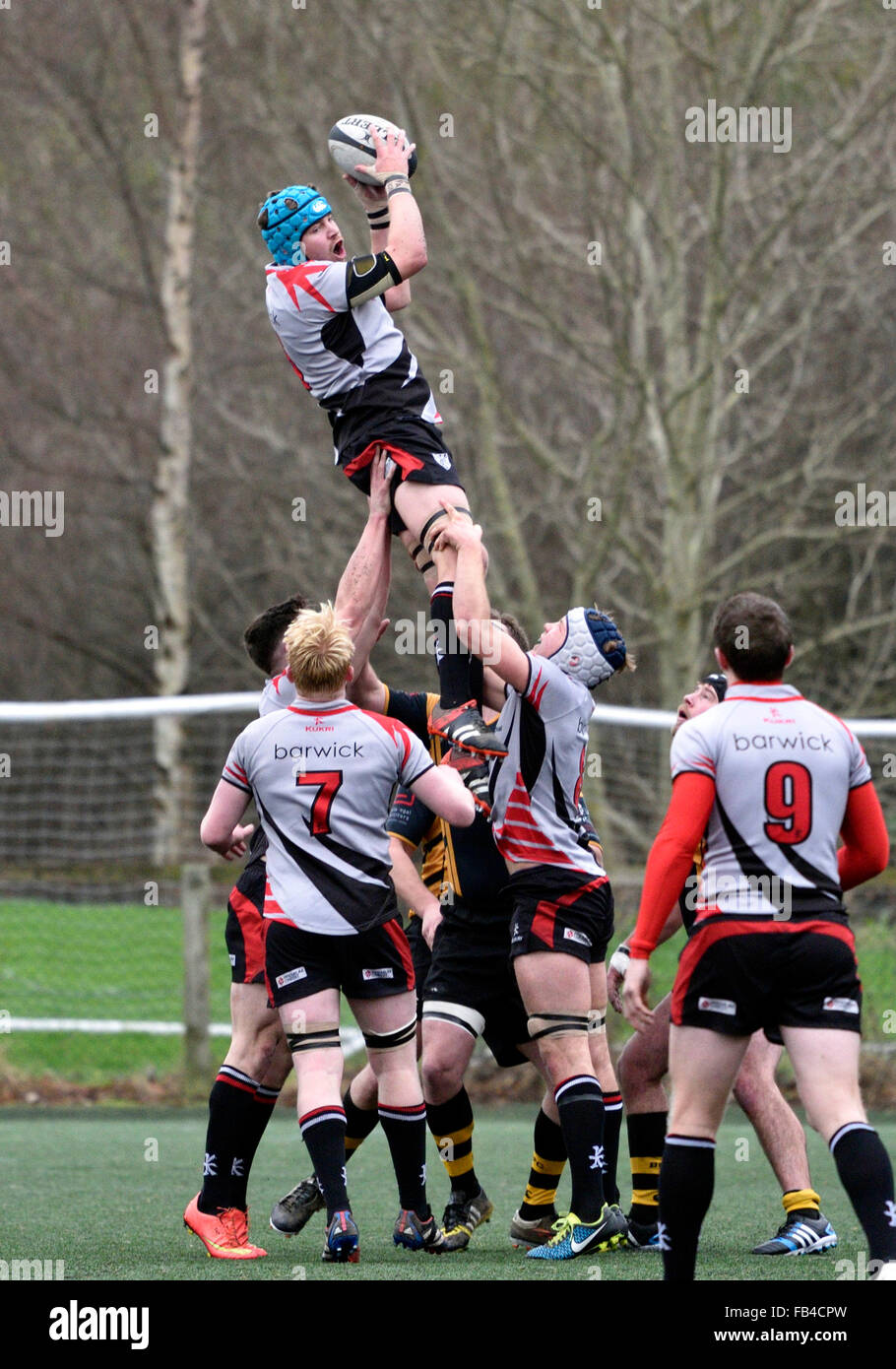 Burnage  9th January 2016 An Ilkley player wins the ball at a line-out in a match, in which  Burnage Rugby Club were attempting to move from bottom place in the league but heavily defeated by Ilkley, who were third bottom. Credit:  John Fryer/Alamy Live News Stock Photo