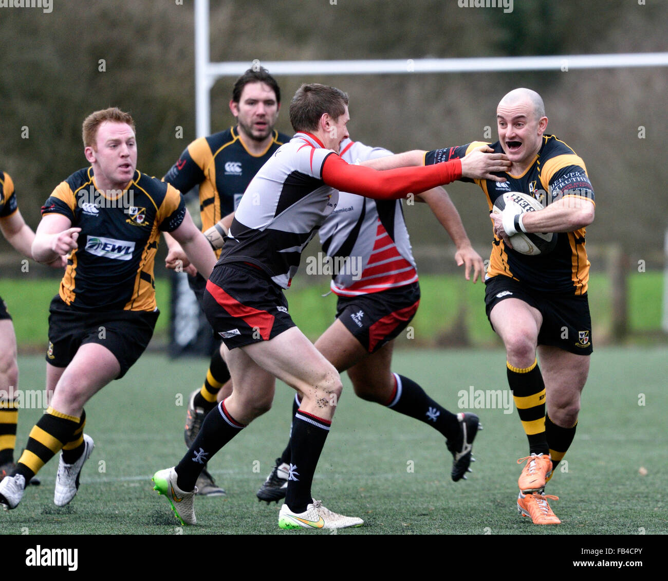 Burnage  9th January 2016 A Burnage player tries to break through in a match in which Burnage Rugby Club were attempting to move from bottom place in the league but were heavily defeated by Ilkley, who were third bottom. Credit:  John Fryer/Alamy Live News Stock Photo
