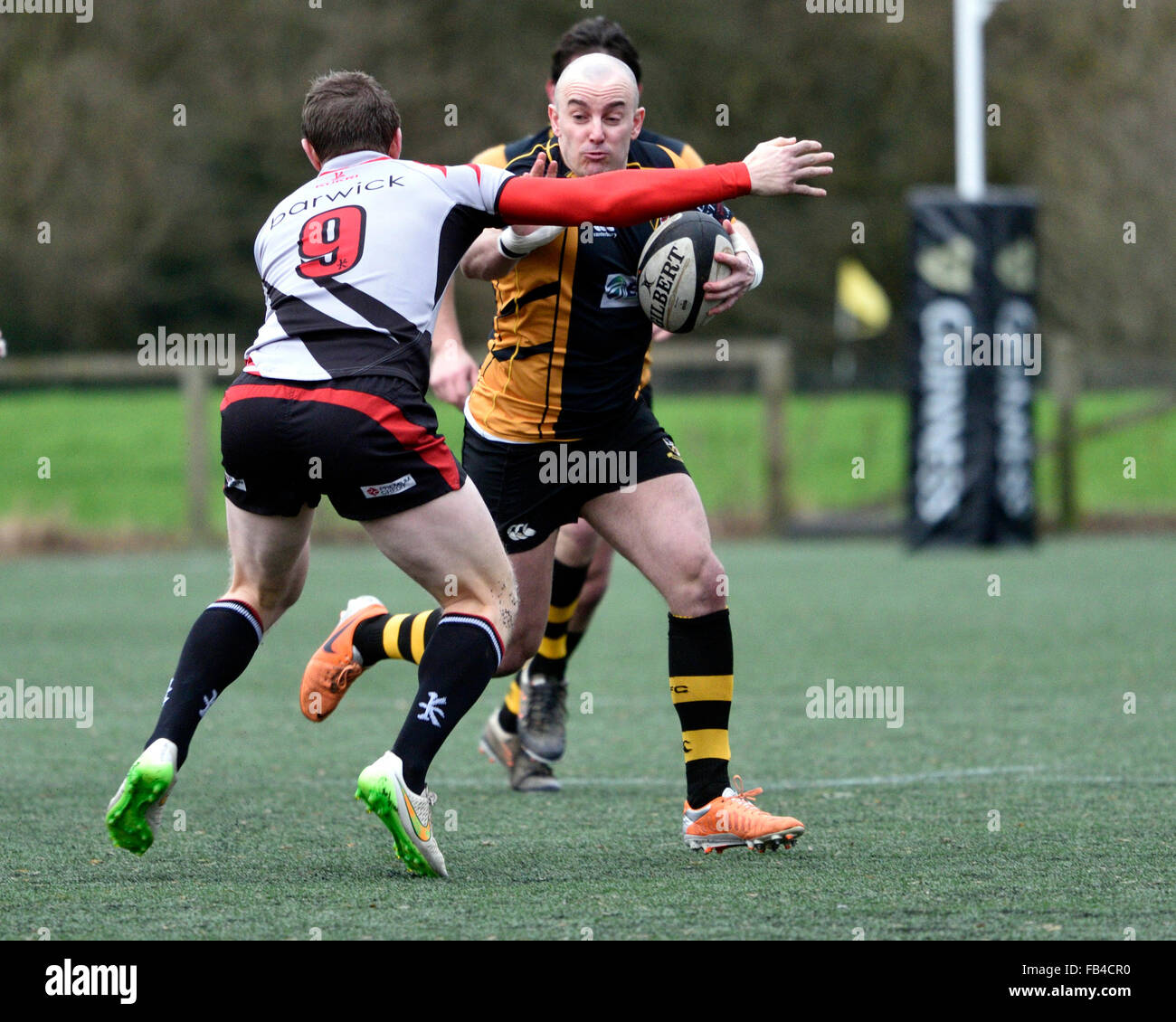 Burnage  9th January 2016 A Burnage player tries to break through in a match in which Burnage Rugby Club were attempting to move from bottom place in the league but were heavily defeated by Ilkley, who were third bottom. Credit:  John Fryer/Alamy Live News Stock Photo