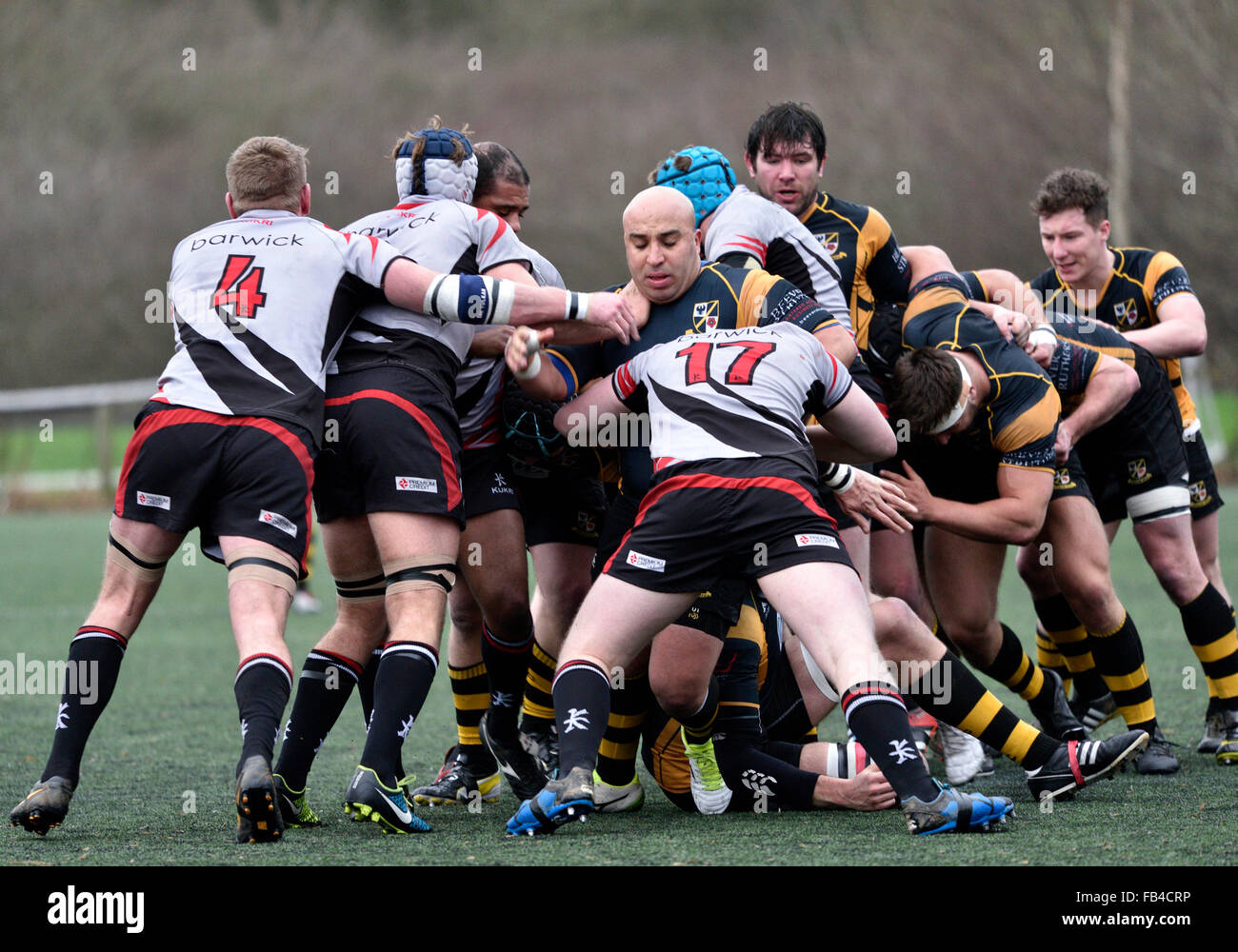 Burnage  9th January 2016 Players battle for the ball n a match in which Burnage Rugby Club were attempting to move from bottom place in the league but were heavily defeated by Ilkley, who were third bottom. Credit:  John Fryer/Alamy Live News Stock Photo