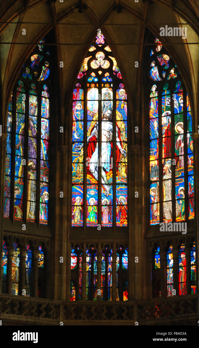 St Vitus Cathedral Stained glass window Prague Czech Republic Stock