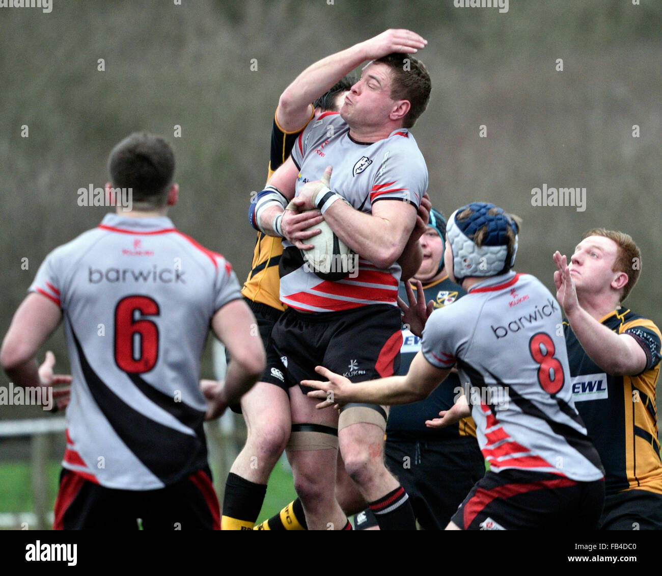 Burnage  9th Janusry 2016 An Ilkley player wins  the ball in a match in which Burnage Rugby Club were attempting to move from bottom place in the league but were heavily defeated by Ilkley, who were third bottom. Credit:  John Fryer/Alamy Live News Stock Photo