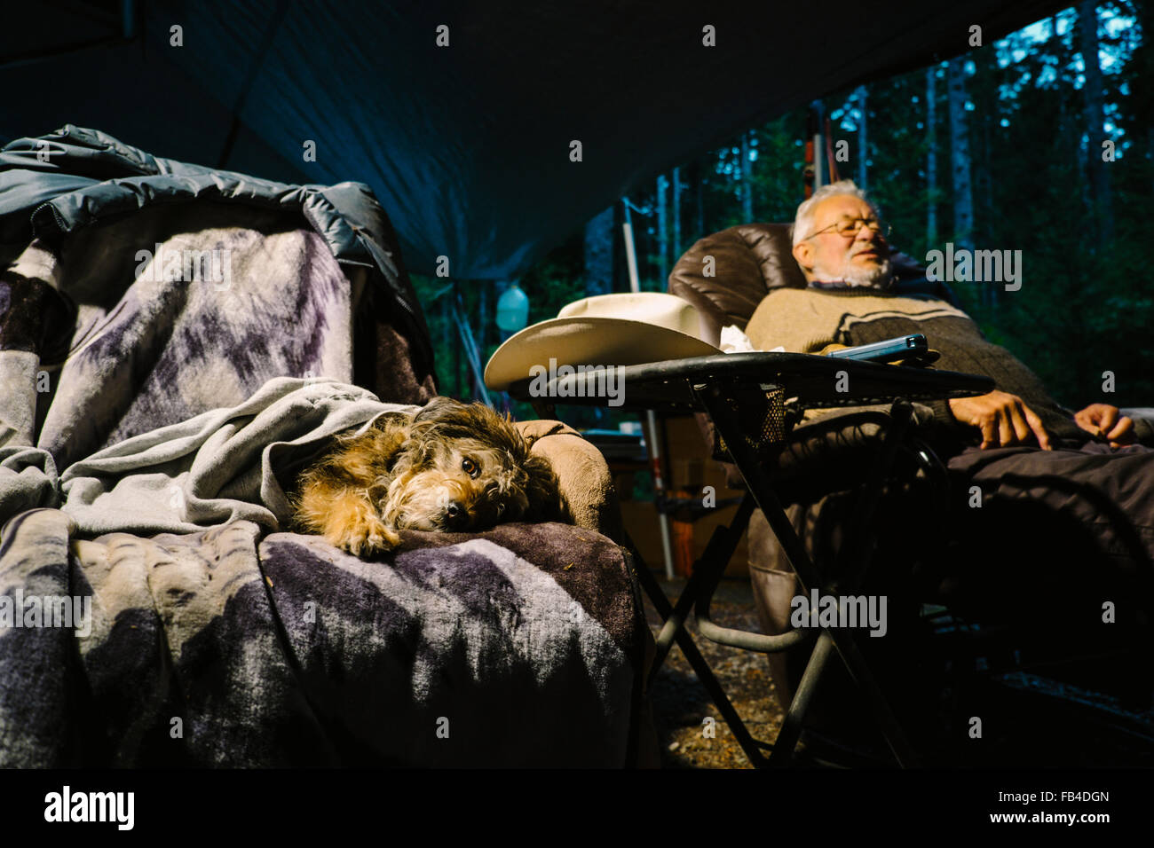 Man and his dog at China Beach Campground, Vancouver Island, British