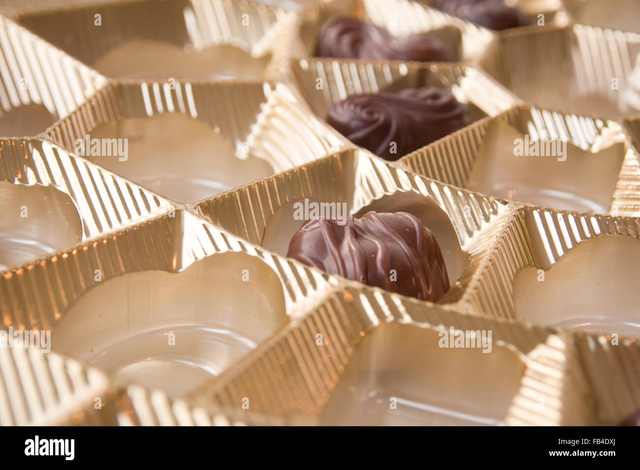Delicate and tempting individual pieces of chocolate in golden box Stock Photo